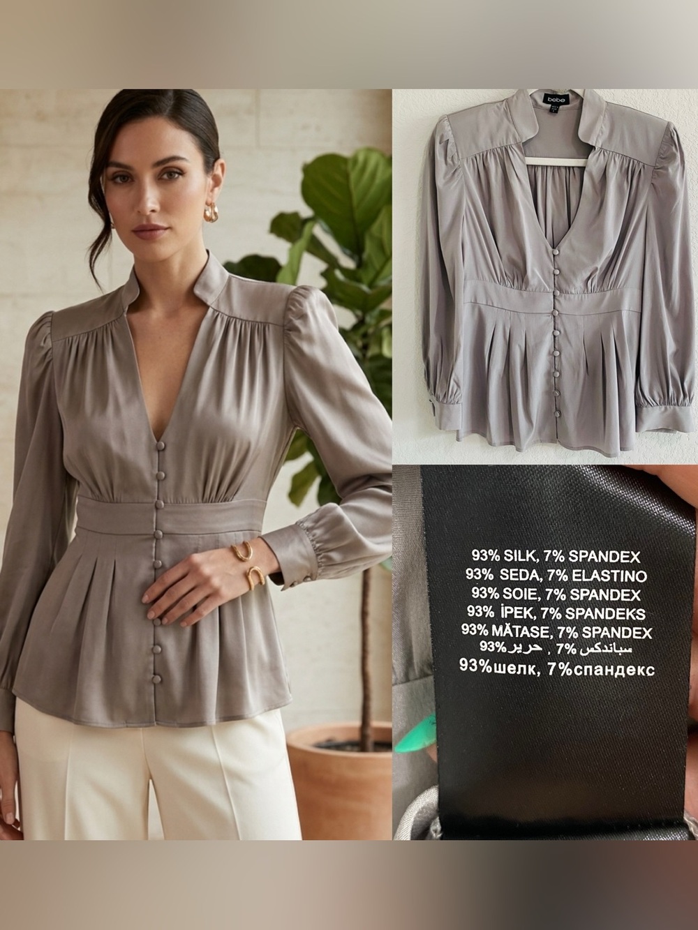 $98 New Bebe Silk Button Down Puff Sleeve Dress Blouse Top